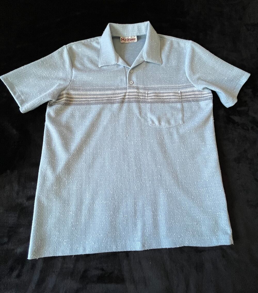 Vintage Mr California Polo Shirt Mens L Blue Strip Textured Knit Retro Made USA